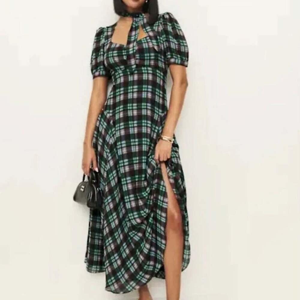 Reformation NWT Chrissie maxi dress brown plaid preppy academic goth